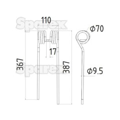 Palec sprezysty - lewa - Dlugosc:387mm, Szerokosc:110mm, Ø9.5mm - Zastepuje Kuhn, John Deere, New Holland Zastępuje: 58740600 