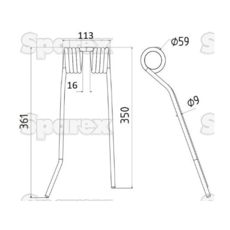 Palec sprezysty - prawa - Dlugosc:361mm, Szerokosc:113mm, Ø9mm - Zastepuje PZ, Fransgard, Pottinger, Sitrex Zastępuje: PZ106