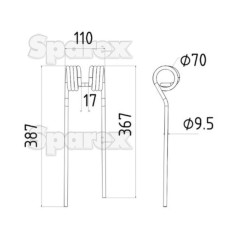 Palec sprezysty - prawa - Dlugosc:387mm, Szerokosc:110mm, Ø9.5mm - Zastepuje Kuhn, John Deere, New Holland Zastępuje: 58740700 