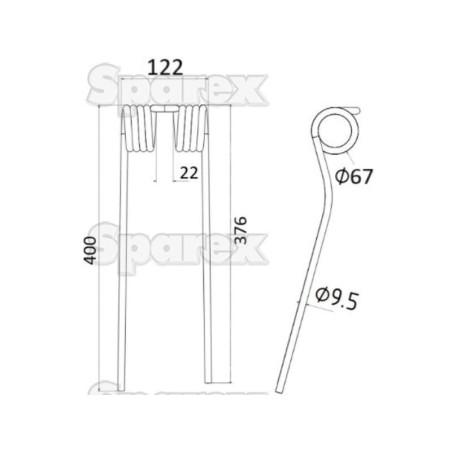 Palec sprezysty - prawa - Dlugosc:400mm, Szerokosc:122mm, Ø9.5mm - Zastepuje SIP, Twose Zastępuje: 154796000