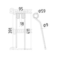 Palec sprezysty - prawa - Dlugosc:411mm, Szerokosc:95mm, Ø9mm - Zastepuje Claas, Bautz Zastępuje: 9024822 