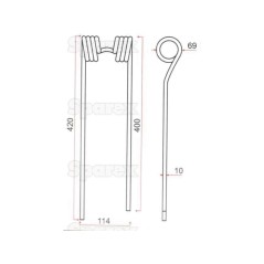 Palec sprezysty - prawa - Dlugosc:420mm, Szerokosc:114mm, Ø10mm - Zastepuje Kverneland, Taarup Zastępuje: 67274100 