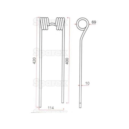 Palec sprezysty - prawa - Dlugosc:420mm, Szerokosc:114mm, Ø10mm - Zastepuje Kverneland, Taarup Zastępuje: 67274100