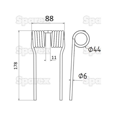 Palec sprezysty Dlugosc:178mm, Szerokosc:88mm, Ø6mm - Zastepuje John Deere Zastępuje: LCA108554