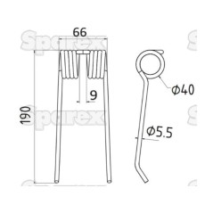 Palec sprezysty Dlugosc:190mm, Szerokosc:66mm, Ø5.5mm - Zastepuje Claas Zastępuje: 9182390 