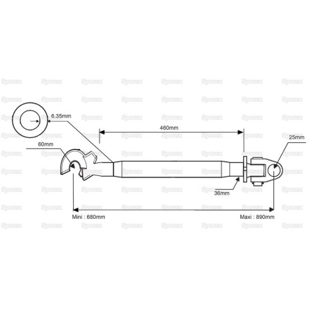 Cięgło górne wzmocnione (Kat.2/3) Przegub i Q.r. Hak, M36x3, Długość min: 680mm.