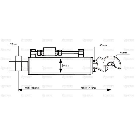 Cięgło hydrauliczne (Kat.-/3) Przegub i CBM Q.R. Hak, średnica cylindra: 90mm, Długość min : 590mm.