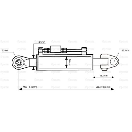 Cięgło hydrauliczne (Kat.2/3) Przegub i Kula, średnica cylindra: 90mm, Długość min : 640mm.