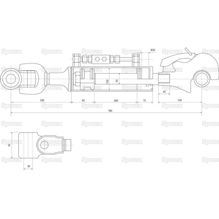 Cięgło hydrauliczne (Kat.36mm/4) Przegub i CBM Q.R. Hak, średnica cylindra: 120mm, Długość min : 760mm.