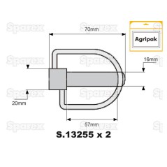 Trzpień, Sworzeń Ø16mm x 70mm (2 szt agropak) 