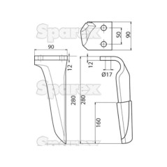 Twarde ostrze brony mechanicznej - ostrze wzmocnione węglikiem 90x12x280mm lewa. odległość pomiedzy otworami: 50mm. Otwó... 