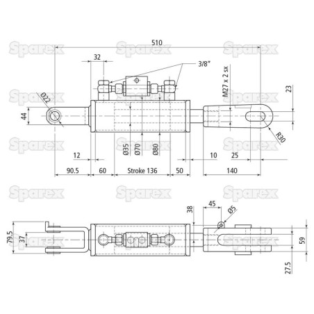 Wieszak hydrauliczny poziomujący (Dostarczany z: przewodami) - Widełki Otwór Ø 22mm - Widełki Otwór Ø 22x48mm - Długo...