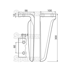 Ząb Brony Aktywnej 100x12x305mm prawa. odległość pomiedzy otworami: 60mm. Otwór Ø 17mm. ZastępujeMaschio. Zastępuje: 36100210 