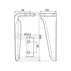 Ząb Brony Aktywnej 100x15x300mm lewa. odległość pomiedzy otworami: 60mm. Otwór Ø 16.5mm. ZastępujeBreviglieri. Zastęp... 