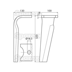 Ząb Brony Aktywnej 100x18x320mm lewa. odległość pomiedzy otworami: Otwór Ø 18.5mm. ZastępujeKverneland. Zastępuje: MA44000151 