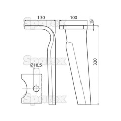 Ząb Brony Aktywnej 100x18x320mm prawa. odległość pomiedzy otworami: Otwór Ø 18.5mm. ZastępujeKverneland. Zastępuje: MA44000150 
