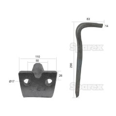 Ząb Brony Aktywnej 110x14x290mm odległość pomiedzy otworami: 50mm. Otwór Ø 17mm. ZastępujeForgio, Rekord. Zastępuje: RLM58001 