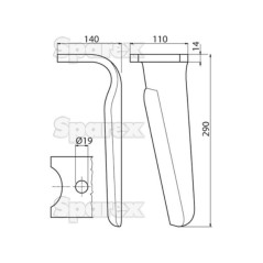 Ząb Brony Aktywnej 110x14x290mm lewa. odległość pomiedzy otworami: Otwór Ø 19mm. ZastępujeKuhn. Zastępuje: K2500071 