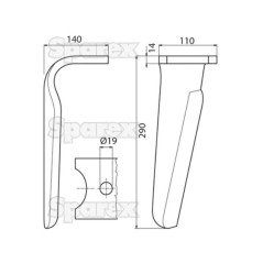 Ząb Brony Aktywnej 110x14x290mm prawa. odległość pomiedzy otworami: Otwór Ø 19mm. ZastępujeKuhn. Zastępuje: K2500081 