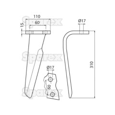 Ząb Brony Aktywnej 110x15x310mm lewa. odległość pomiedzy otworami: 60mm. Otwór Ø 17mm. Zastępuje 