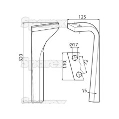 Ząb Brony Aktywnej 110x15x320mm lewa. odległość pomiedzy otworami: 72mm. Otwór Ø 17mm. ZastępujeLemken. Zastępuje: 3377023 