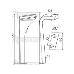 Ząb Brony Aktywnej 110x15x320mm prawa. odległość pomiedzy otworami: 72mm. Otwór Ø 17mm. ZastępujeLemken. Zastępuje: 3377022 