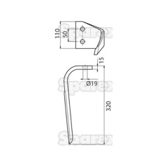 Ząb Brony Aktywnej 110x15x330mm lewa. odległość pomiedzy otworami: 50mm. Otwór Ø 19mm. ZastępujeKverneland, Maletti. Z... 