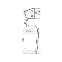 Ząb Brony Aktywnej 110x15x330mm prawa. odległość pomiedzy otworami: 50mm. Otwór Ø 19mm. ZastępujeKverneland, Maletti. ... 