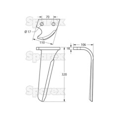 Ząb Brony Aktywnej 110x18x320mm odległość pomiedzy otworami: 70mm. Otwór Ø 17mm. ZastępujeFalc (KRM). Zastępuje: 543028 
