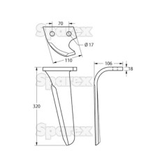 Ząb Brony Aktywnej 110x18x320mm lewa. odległość pomiedzy otworami: 70mm. Otwór Ø 17mm. ZastępujeFalc (KRM). Zastępuje: 543029 