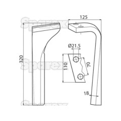 Ząb Brony Aktywnej 110x18x320mm lewa. odległość pomiedzy otworami: 70mm. Otwór Ø 21.5mm. ZastępujeLemken. Zastępuje: 3377013 