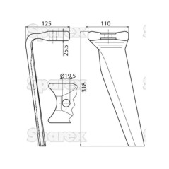 Ząb Brony Aktywnej 110x25.5x318mm lewa. odległość pomiedzy otworami: Otwór Ø 19.5mm. ZastępujeKuhn. Zastępuje: 52596510 