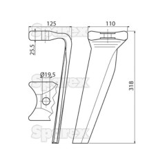 Ząb Brony Aktywnej 110x25.5x318mm prawa. odległość pomiedzy otworami: Otwór Ø 19.5mm. ZastępujeKuhn. Zastępuje: 52596410 