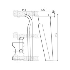 Ząb Brony Aktywnej 120x16x315mm lewa. odległość pomiedzy otworami: Otwór Ø 19mm. ZastępujeKuhn. Zastępuje: K2500090 