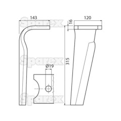 Ząb Brony Aktywnej 120x16x315mm prawa. odległość pomiedzy otworami: Otwór Ø 19mm. ZastępujeKuhn. Zastępuje: K2500100 