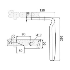 Ząb Brony Aktywnej 60x18x295mm lewa. odległość pomiedzy otworami: Otwór Ø 19mm. ZastępujeAmazone. Zastępuje: 954427S 