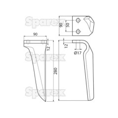Ząb Brony Aktywnej 90x12x280mm lewa. odległość pomiedzy otworami: 50mm. Otwór Ø 17mm. ZastępujeKverneland, Maschio. Za... 