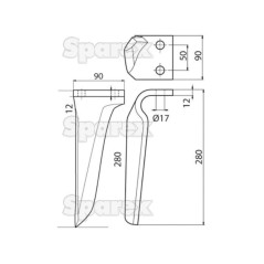 Ząb Brony Aktywnej 90x12x280mm prawa. odległość pomiedzy otworami: 50mm. Otwór Ø 17mm. ZastępujeKverneland, Maschio. Z... 