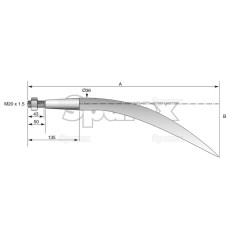 Ząb ładowacza - Zakrzywiony 600mm, Wielkość gwintu: M20 x 1.50 (Kwadrat) Zastępuje: KK221191 