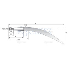 Ząb ładowacza - Zakrzywiony 680mm, Wielkość gwintu: M20 x 1.50 (Kwadrat) Zastępuje: KK221194 