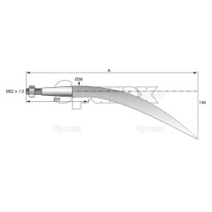 Ząb ładowacza - Zakrzywiony 680mm, Wielkość gwintu: M22 x 1.50 (H - fluted) Zastępuje: 5068008 